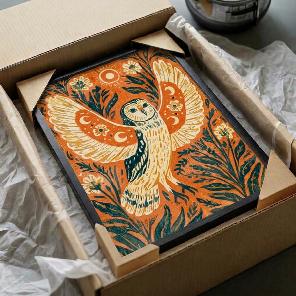 Mystical boho nature poster featuring an ornate owl with floral surroundings and celestial symbols in rich teal, ochre, and warm earth tones, hung as framed home decor.
