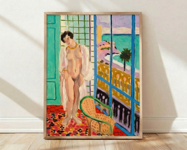 Abstract figure study of a reclining nude woman in warm ochre and earth tones, rendered in simplified Matisse style on a framed poster.