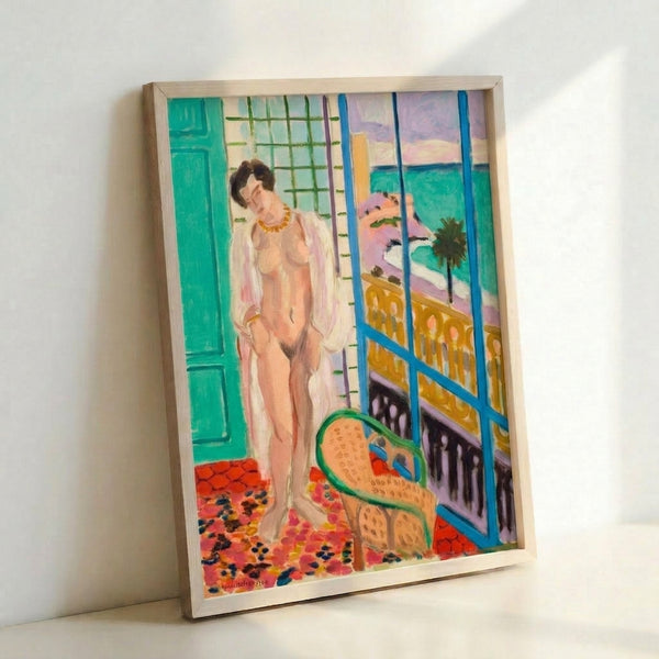 Vintage-style poster featuring a recumbent figure in warm beige and terracotta tones, displayed as a framed wall art print in minimalist abstract composition.