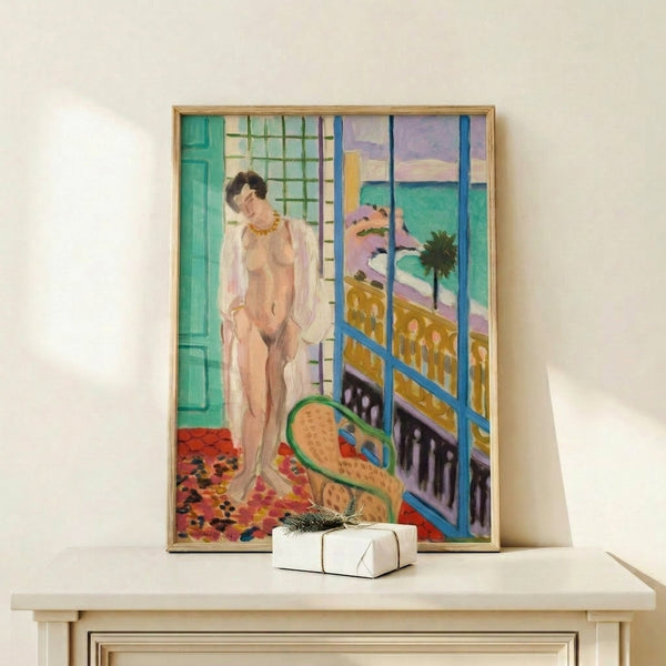 Matisse-inspired framed art showing a relaxed female silhouette in ochre and neutral tones, exemplifying expressionist figure work.