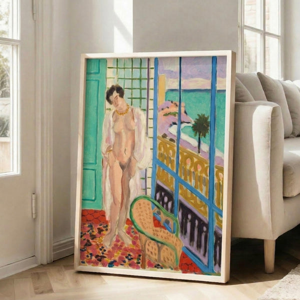 Abstract framed poster of a reclining woman rendered in subdued earth tones, capturing the essence of early modernist figurative art.
