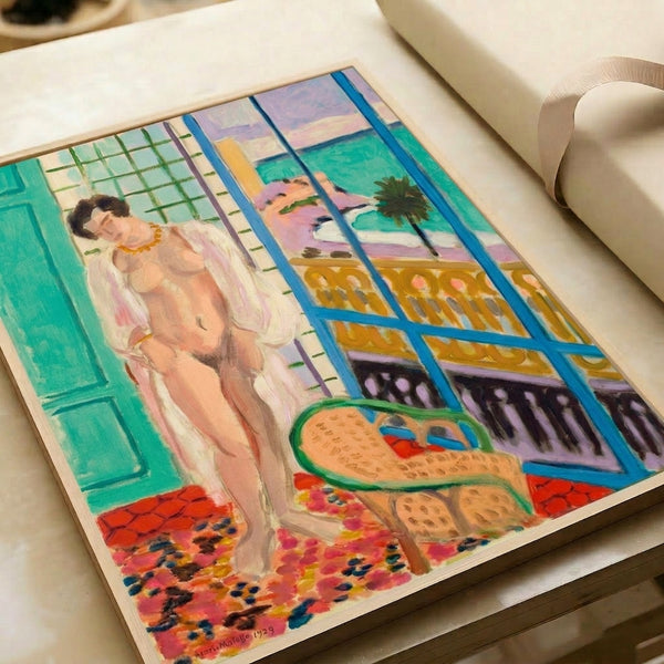 Warm-toned figure study in abstract style, mounted as a framed art print with simplified forms in beige and rust hues.