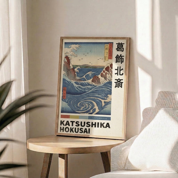 Vintage-inspired art print capturing a majestic ocean whirlpool in motion with bold indigo waves, forest green mountains, and cream highlights in the style of Japanese woodblock prints.
