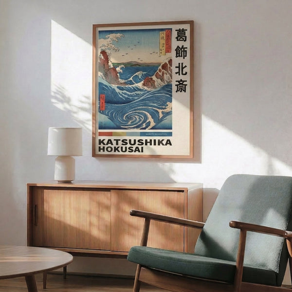 Framed poster showcasing a dynamic whirlpool composition with swirling indigo currents, distant peaks, and a small vessel in classic Japanese woodblock print aesthetics.
