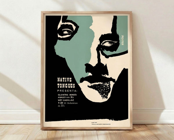 Bold Bauhaus-style portrait poster featuring a woman's face in cream, black, and teal with minimalist geometric shapes and striking typography celebrating Native Tongues.