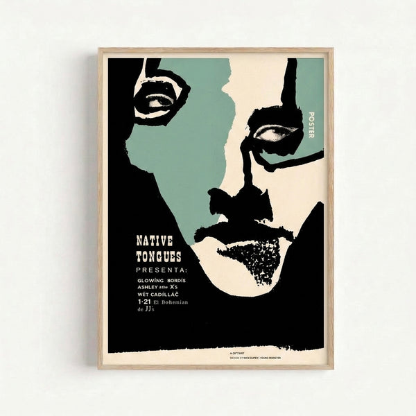 Retro graphic art print showing a stylized female face with emphasized lips and eye in cream and teal tones, rendered in edgy Bauhaus design aesthetic.