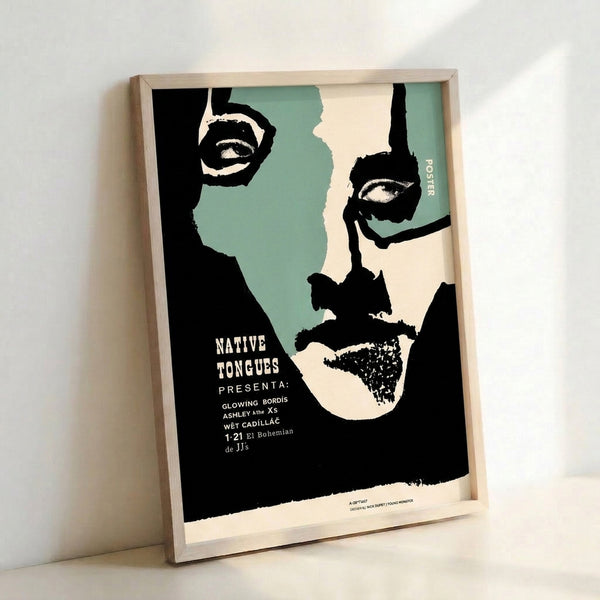 Framed minimalist poster art depicting an abstract woman's portrait in cream, black, and teal with bold graphic shapes and underground retro sensibility.