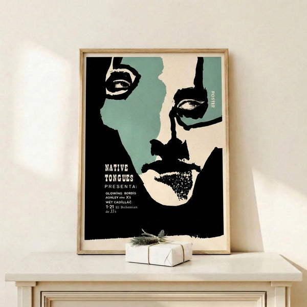 Vintage-inspired Bauhaus portrait poster with geometric composition emphasizing a woman's face, lips, and eye in striking cream and teal color scheme.