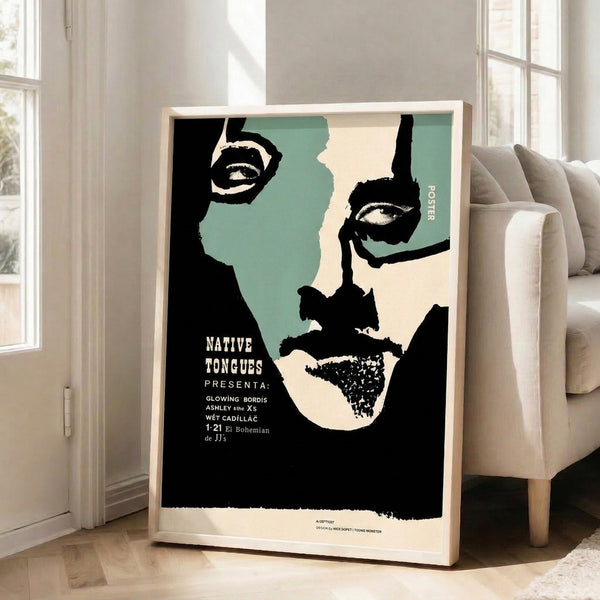Edgy minimalist art print in retro Bauhaus style showing a stylized woman's features with black outlines and bold teal and cream tones.