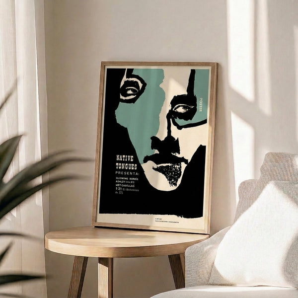 Contemporary Bauhaus-influenced poster featuring a woman's portrait deconstructed into geometric shapes in cream, teal, and black with graphic retro appeal.
