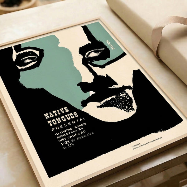 Bold graphic portrait poster in minimalist Bauhaus style with cream and teal palette, celebrating Native Tongues through stylized female facial features and typography.