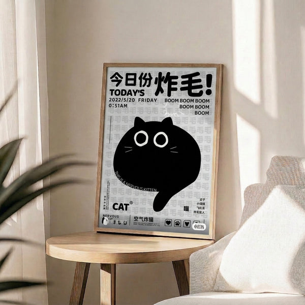 Contemporary minimalist poster featuring an expressive black cat with an endearingly anxious look, framed on a wall in grayscale tones.