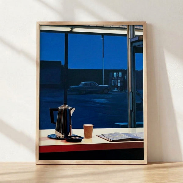Retro poster art featuring a glowing coffee pot and cup at a midnight gas station window, rendered in midnight blue, black, and silver tones with a contemplative, nostalgic mood.