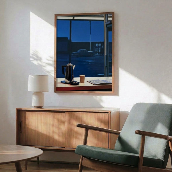 Nostalgic art print with a coffee cup and pot framed against a dark, quiet diner window scene rendered in cool midnight tones and rustic red details.