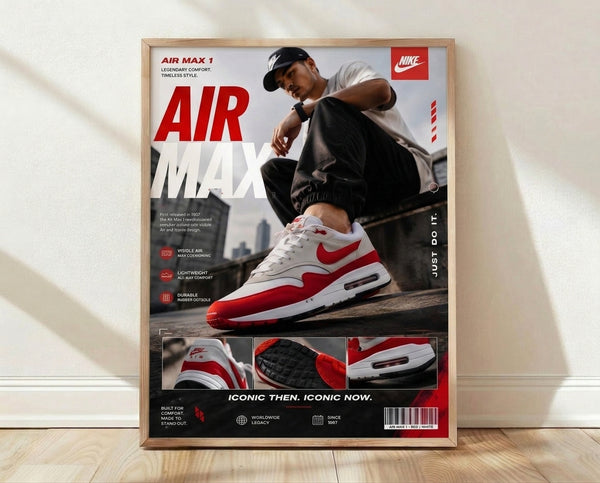 Retro modern poster featuring a classic Air Max 1 sneaker in red, white, and black against an urban landscape, framed on a wall.