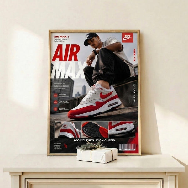 Aspirational retro poster depicting a white and red Air Max 1 with city silhouettes in black and gray, mounted as wall art.