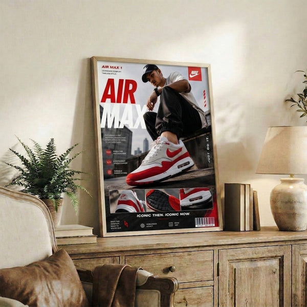 Retro-style framed poster featuring a bold Air Max 1 sneaker illustration in white, red, and gray with street culture aesthetics.
