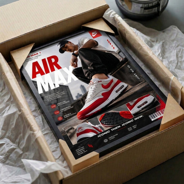 Contemporary sneaker culture print showcasing an Air Max 1 in signature red and white against grayscale urban elements, hung as wall décor.