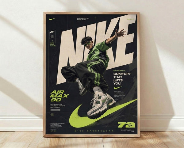 Energetic Y2K-style poster featuring a Nike Air Max 90 sneaker in neon lime green and black, displayed as framed wall art with dynamic typography and athletic aesthetic.