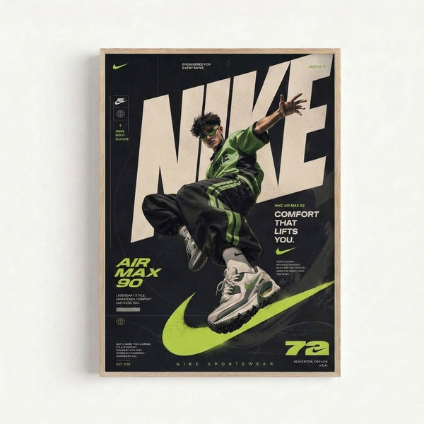 Modern sneaker art print showing the Air Max 90 silhouette in vibrant lime and neutral tones, capturing an aspirational, high-energy sports vibe on a gallery wall.