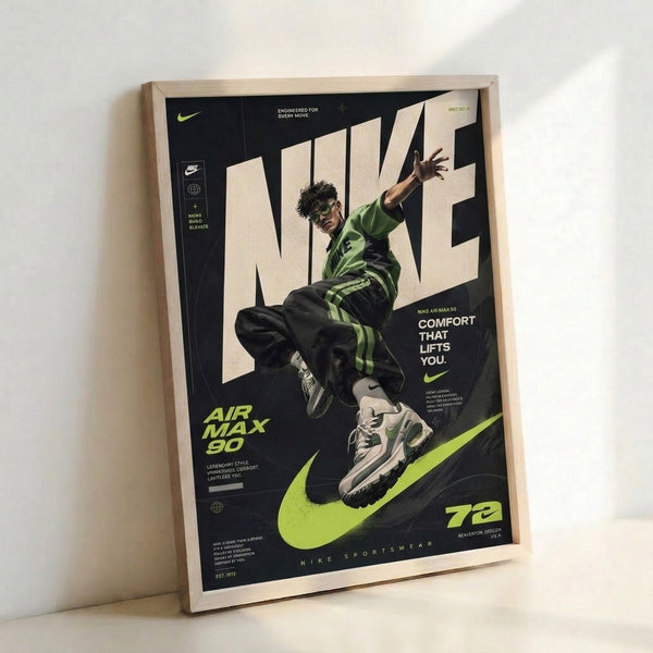 Framed contemporary poster of a Nike Air Max 90 in neon lime green with bold black accents and cream backgrounds, evoking early 2000s streetwear culture.