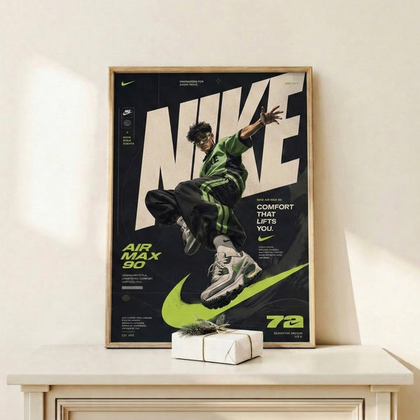 Dynamic Y2K-inspired athletic poster featuring the iconic Air Max 90 sneaker in electric lime green and steel gray tones, perfect for sports-themed interior decor.