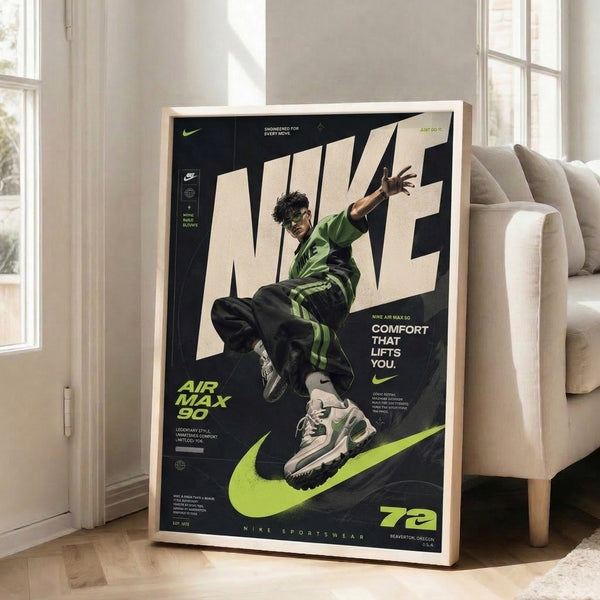 Vibrant sneaker wall art showcasing the Air Max 90 in neon lime, black, and cream with a modern, energetic composition reflecting 90s street culture.