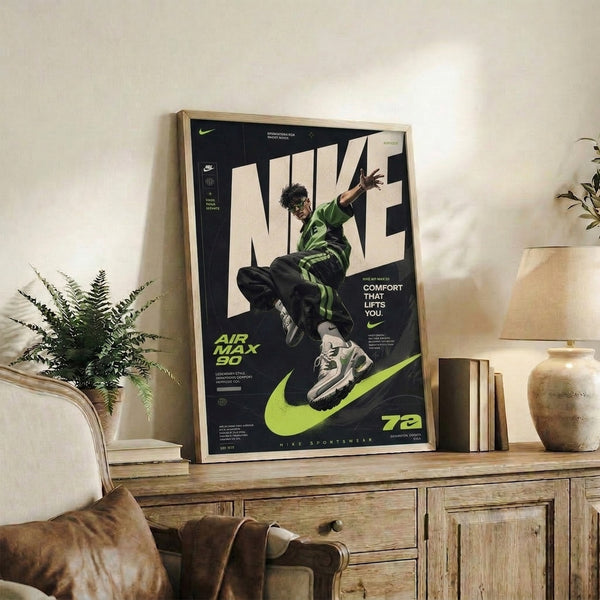 Contemporary framed art print celebrating the Air Max 90 with bold neon lime accents, black typography, and cream tones in an aspirational sports aesthetic.