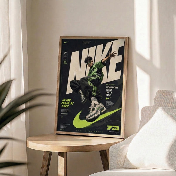 Modern Y2K-style poster featuring a prominent Air Max 90 sneaker rendered in striking lime green and black, capturing athletic dynamism in a gallery-ready frame.