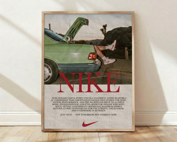Retro pop art poster featuring a figure with a red Nike shoe and vintage car in a desert landscape, rendered in sage green, dusty blue, and tan tones with a motivational, rebellious aesthetic.