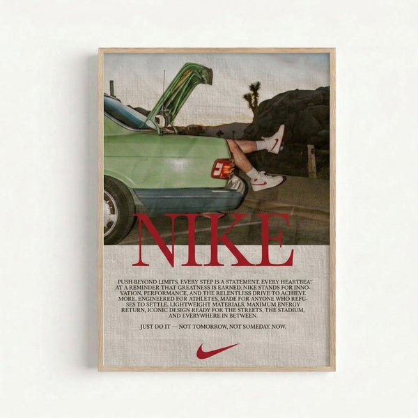 Vintage-style motivational artwork displaying a person, classic automobile, and desert scene in muted sage and blue hues accented with red, capturing an aspirational 1970s pop art vibe.