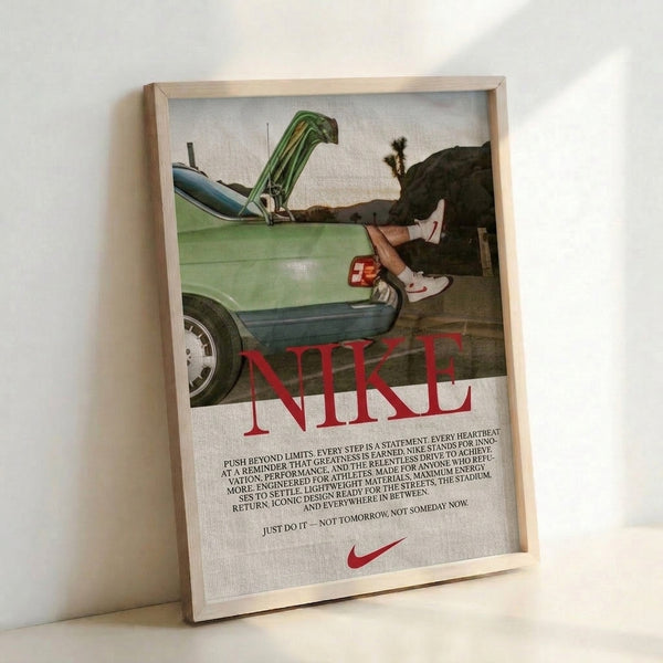 Framed pop art print with a figure, retro car, and desert setting in earthy sage green and dusty blue palette, evoking a bold, motivational mood with rebellious energy.