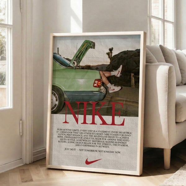 Retro pop art wall poster depicting a person beside a vintage car in a desert, dominated by sage green, dusty blue, and red tones in a motivational, aspirational style.