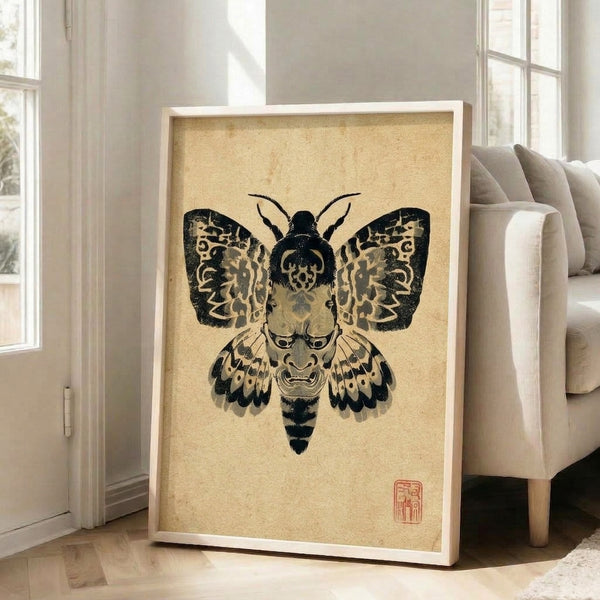 Darkly elegant framed art print depicting a moth rendered as a traditional Japanese noh mask, combining insect and theatrical demon imagery in a striking woodblock style.