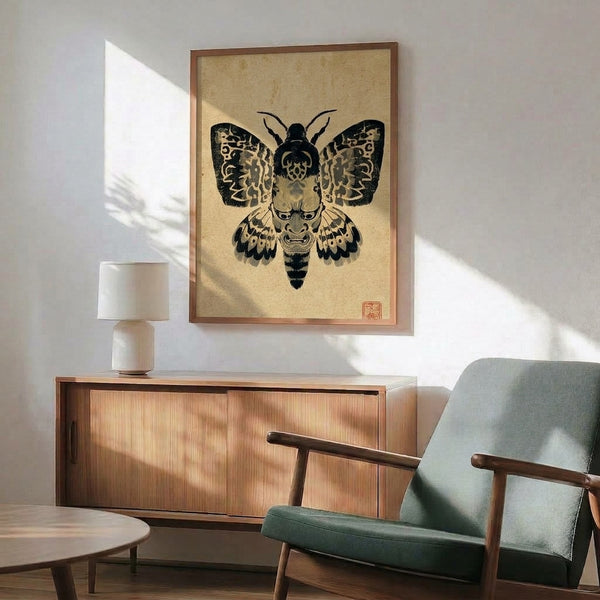 Framed poster art showing an intricate moth design merged with a dramatic noh mask expression, rendered in muted cream and charcoal tones with a mysterious, theatrical mood.