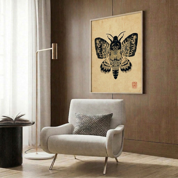 Framed Japanese-inspired woodblock print featuring an otherworldly moth with demonic noh mask features, presented in earthy tans and blacks with an enchanting, somber presence.