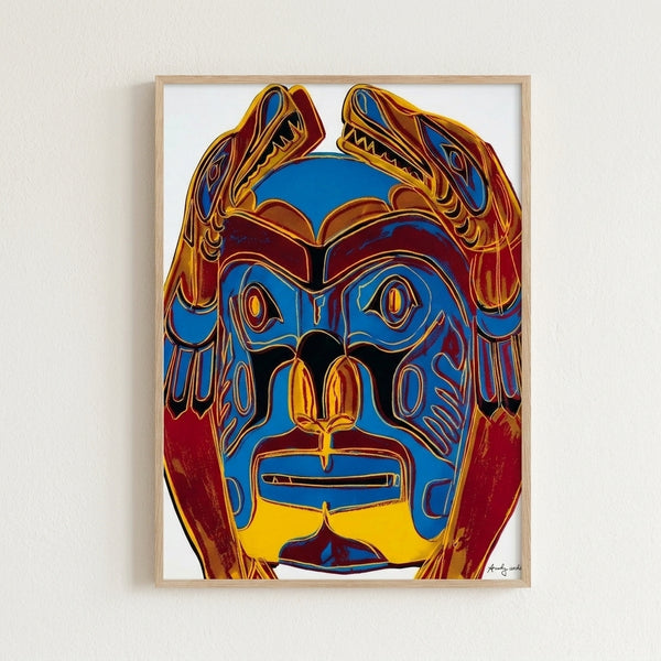 Framed art print featuring a bold Northwest Coast mask design in fluorescent colors with graphic, high-contrast Pop art styling from the iconic Cowboys and Indians series.