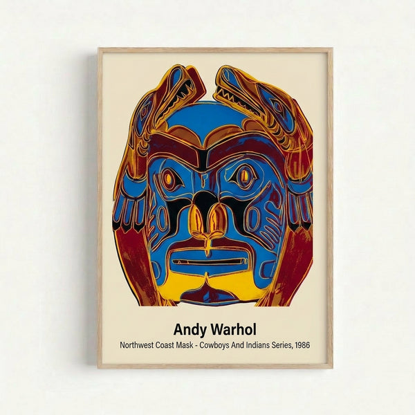 Iconic Native American mask design rendered in bright pop art style with striking orange, red, and turquoise tones on a framed poster.