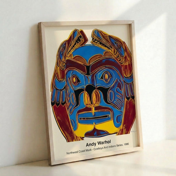 Culturally striking pop art mask print featuring traditional Northwest Coast imagery in bold, vibrant colors including red, yellow, and black.