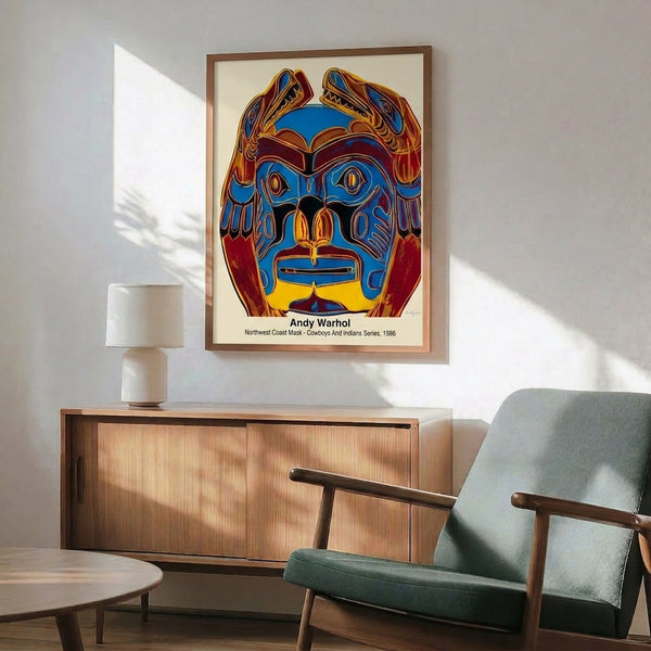 Pop art interpretation of a Native American Northwest Coast mask in bright, eye-catching colors of red, yellow, turquoise, and black.