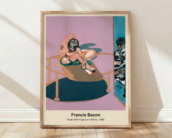 Abstract surreal framed poster featuring a distressed nude figure beside a mirror, painted in muted browns, grays, and ochre tones with dark accents.