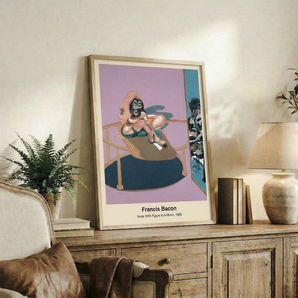 Introspective abstract poster showing a figure and mirror composition in muted earth tones and blacks, with a visceral, emotionally charged aesthetic.