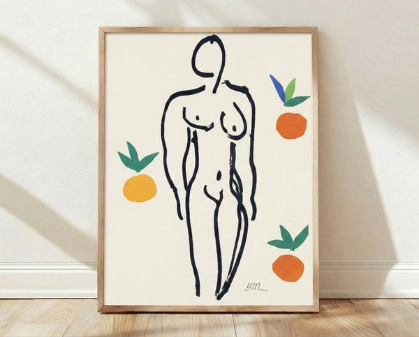 Framed Matisse-style modern art print featuring a reclining nude figure surrounded by vibrant oranges and warm earth tones on a soft background.