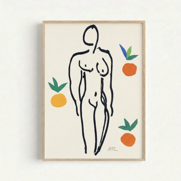 Abstract modernist poster depicting a sensual reclining nude with stylized oranges in bold warm colors and flowing organic forms.