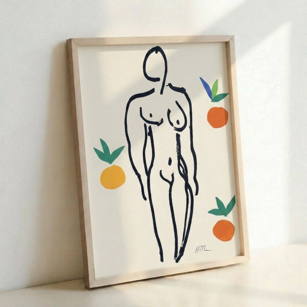 Colorful Matisse-inspired wall art showing a recumbent figure with bright oranges and rich jewel tones in a simplified, elegant composition.