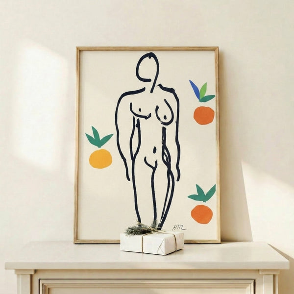 Contemporary art print featuring a relaxed nude figure amid vivid orange fruits in warm peachy and terracotta hues with soft geometric shapes.