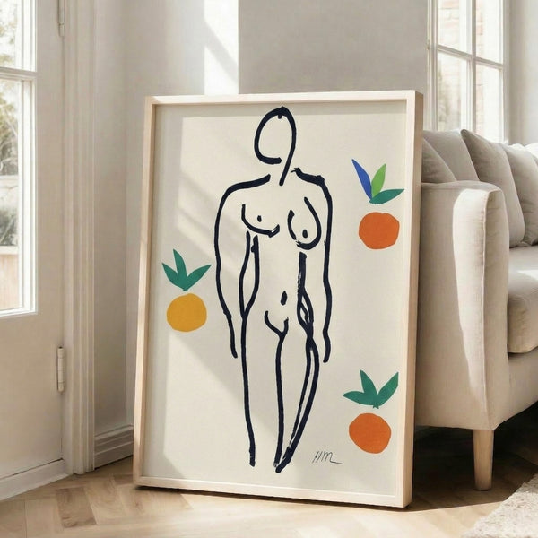 Modernist framed artwork portraying a reclining woman with surrounding oranges in warm ochre, rust, and cream tones with fluid, minimalist style.