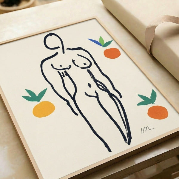 Matisse-style bedroom poster of a recumbent figure with decorative oranges in warm apricot and sandy tones, rendered in characteristic bold color blocks.