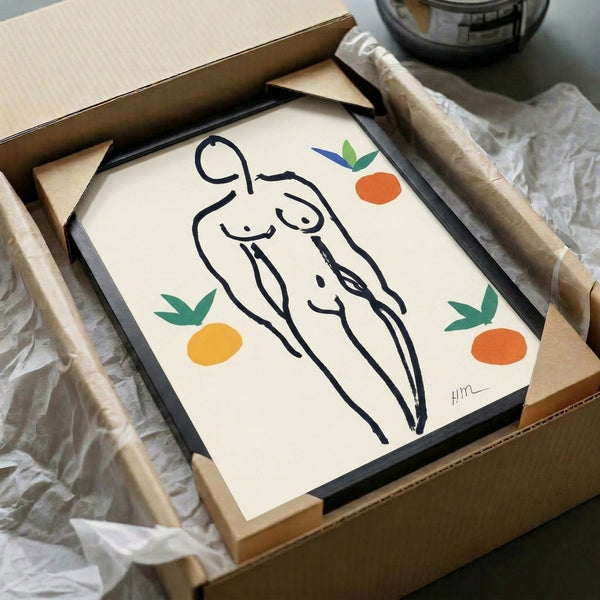 Modern art print displaying a lounging figure with stylized fruit in warm burnt orange and cream palette, executed in flattened abstract form.
