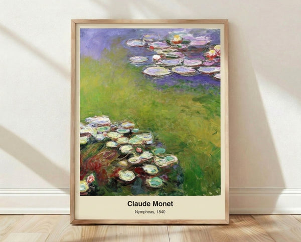 Impressionist painting of water lilies floating on a serene pond with soft blues, greens, and lavenders creating a luminous, contemplative garden scene.